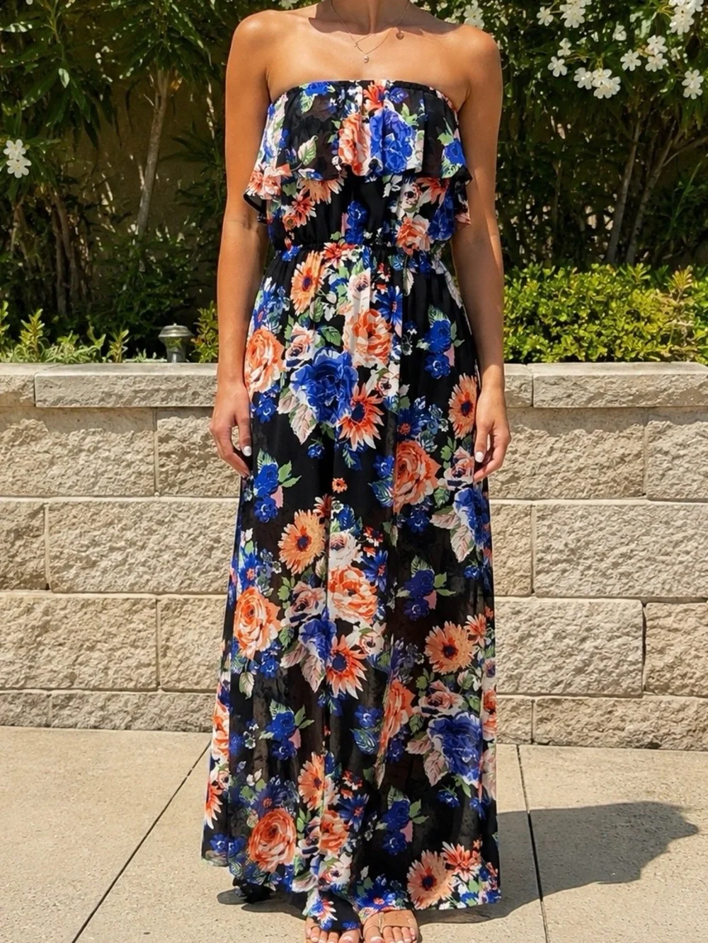 Forever 21 Floral Ruffle Strapless Maxi Dress Long Boho Vacation Fall Sz L EUC